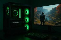 ستاپ گیمینگ مدرن با کارت گرافیک NVIDIA RTX 5070 Ti، کیس RGB با نور سبز و آبی، مانیتور در حال اجرای بازی 4K