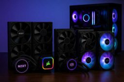 چهار خنک‌کننده مایع 360mm از برندهای NZXT، Corsair، ASUS و DeepCool با نورپردازی RGB آبی و بنفش روی میز گیمینگ مدرن