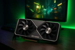 کارت گرافیک RTX 5060 روی میز گیمینگ در کنار مانیتور با نور سبز نئون و محیط مدرن