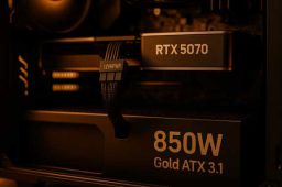 پاور 850 وات Gold ATX 3.1 متصل به کارت گرافیک RTX 5070 با کابل 12VHPWR در کیس گیمینگ با نور طلایی