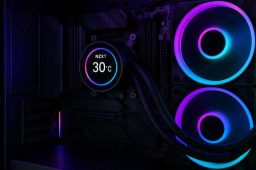خنک‌کننده مایع NZXT Kraken Elite 360 نصب‌شده روی سیستم گیمینگ مدرن با نور RGB بنفش و آبی و صفحه‌نمایش دمای پردازنده