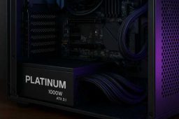 پاور کامپیوتر 1000 وات Platinum ATX 3.1 نصب‌شده در کیس گیمینگ مشکی با کابل‌های ماژولار تمیز و نور RGB آبی و بنفش